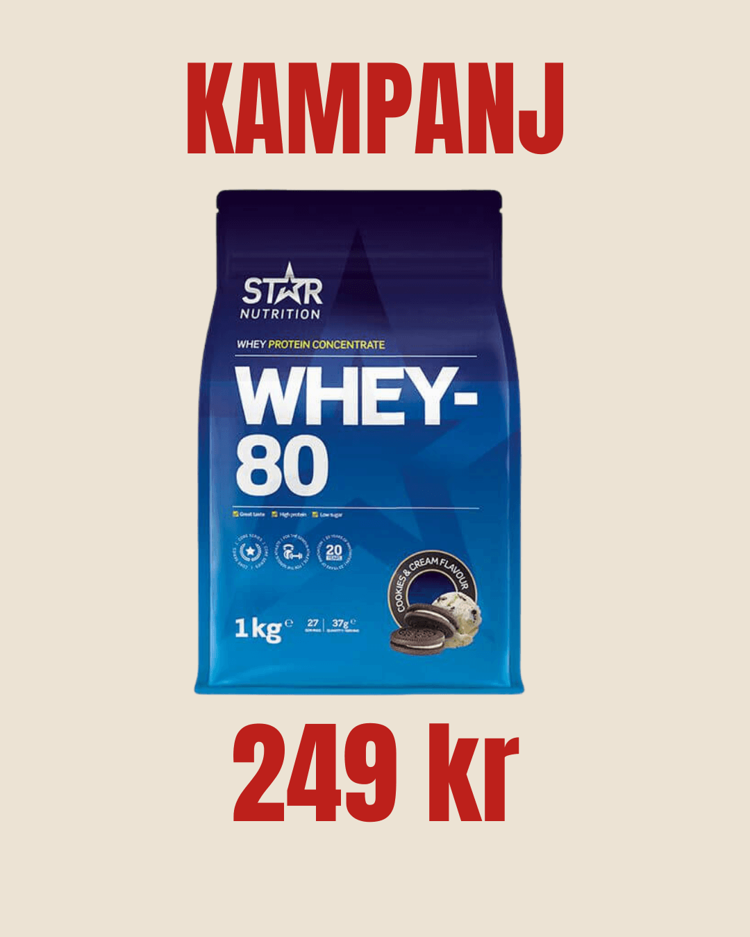 Whey-80 Vassleprotein 1 kg. Cookies and Cream
