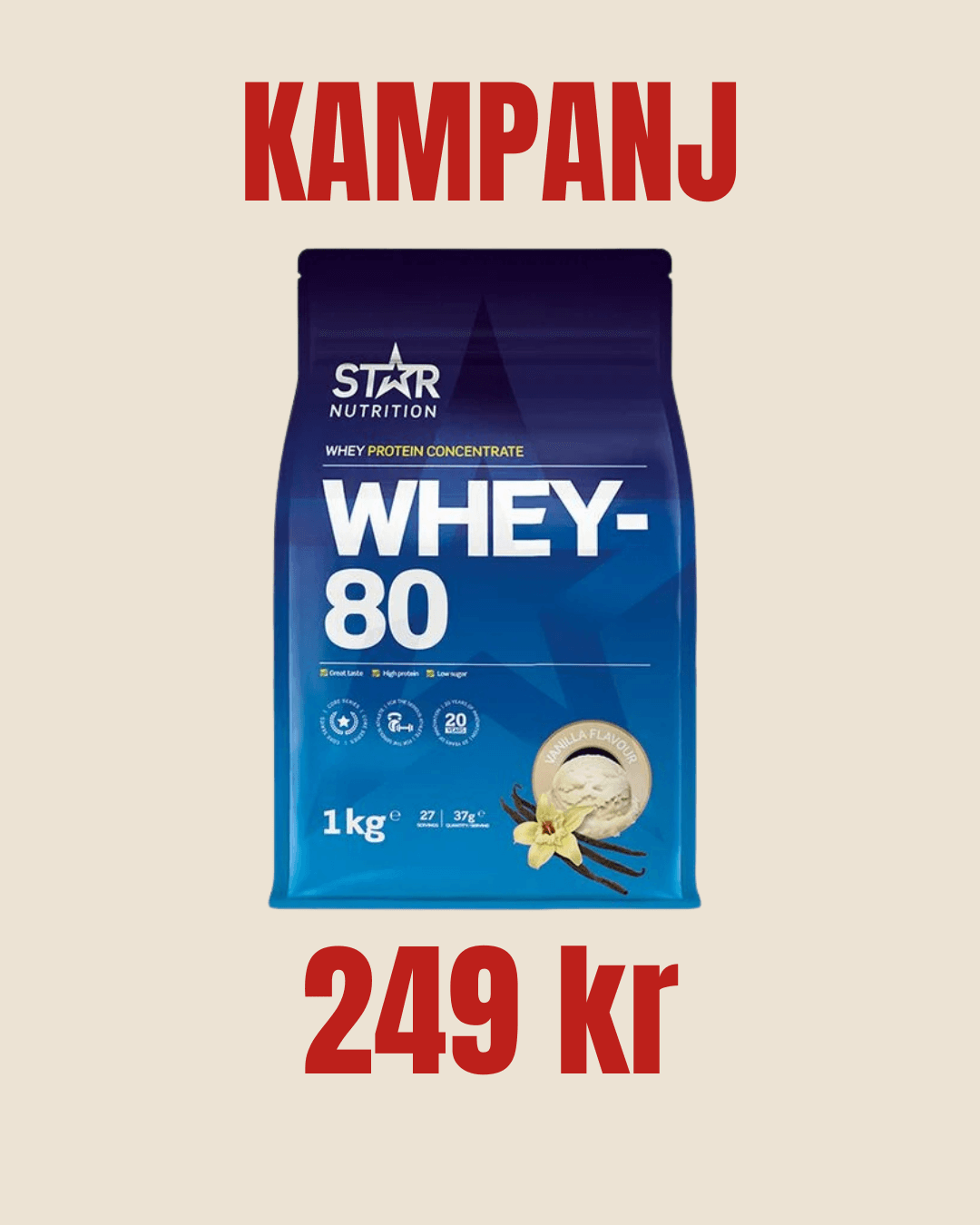 Whey-80 Vassleprotein 1 kg. Vanilj